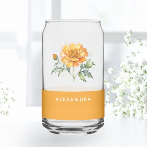 Personalized Watercolor Marigold Orange Floral Can Glass
