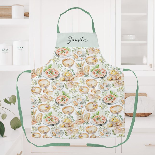 Personalized Watercolor Mediterranean Food Pattern Apron (In situ)