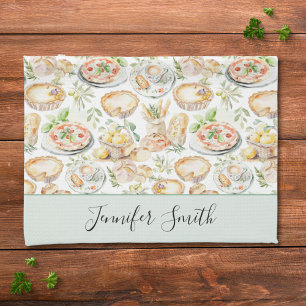 Personalized Watercolor Mediterranean Food Pattern Kitchen Towel
