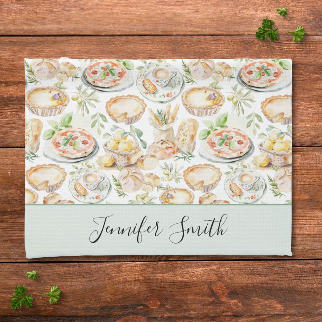 Personalized Watercolor Mediterranean Food Pattern Kitchen Towel (In situ)