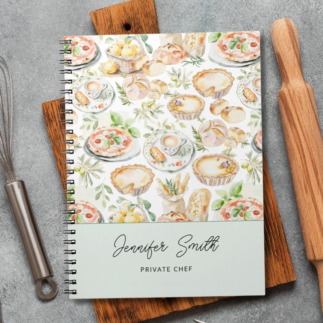 Personalized Watercolor Mediterranean Food Pattern Notebook (In situ)