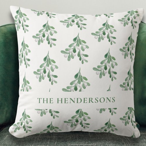 Personalized Watercolor Mistletoe Christmas  Throw Pillow