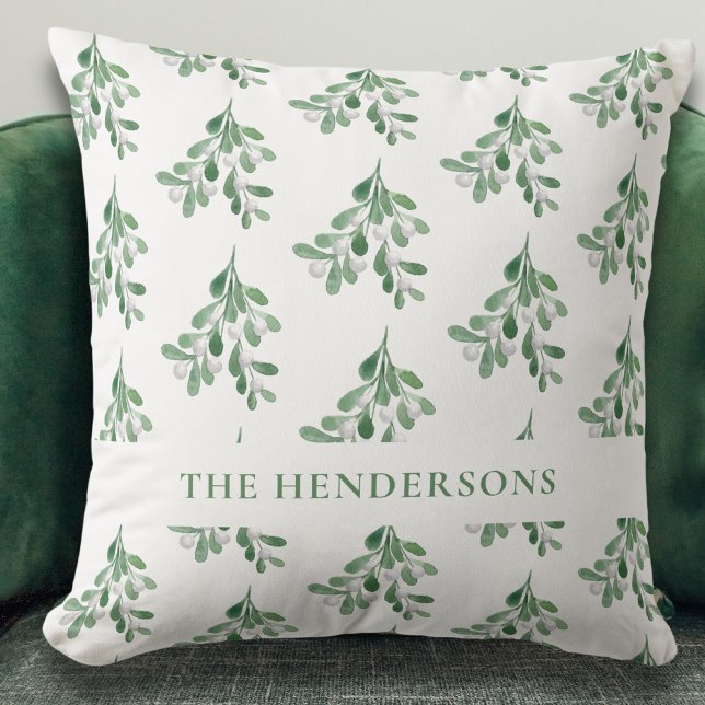 Personalized Watercolor Mistletoe Christmas  Throw Pillow (Creator Uploaded)