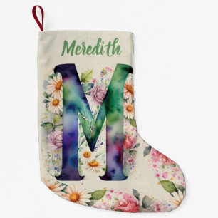 Personalized Watercolor Monogram Floral Bouquet Small Christmas Stocking