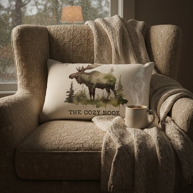 Personalized Watercolor Moose The Cozy Nook Cotton Lumbar Pillow (Creator Uploaded)