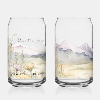 Personalized watercolor mountain beer can glass