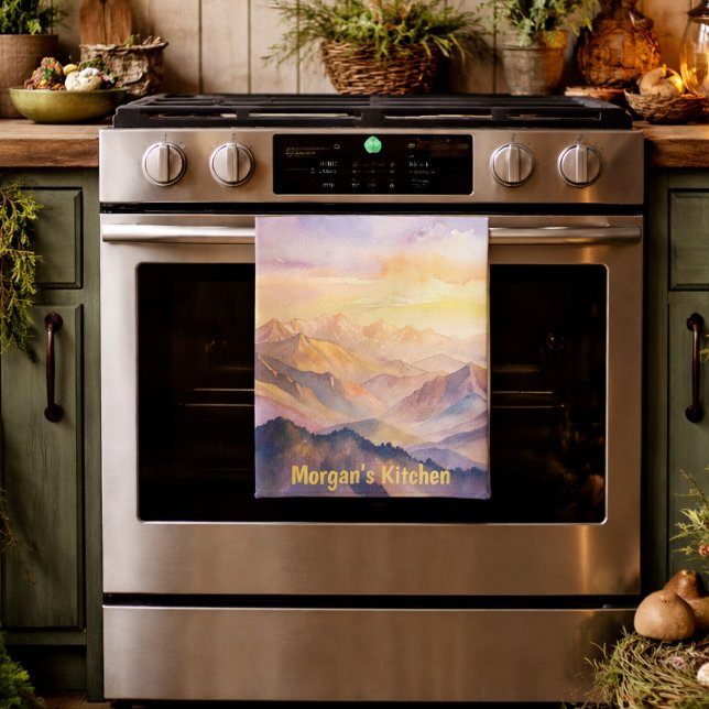 Personalized Watercolor Mountain Sunset Kitchen Towel (Creator Uploaded)
