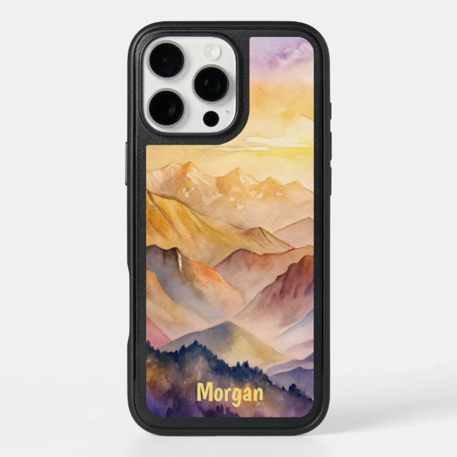 Personalized Watercolor Mountain Sunset Otterbox iPhone Case (Back)