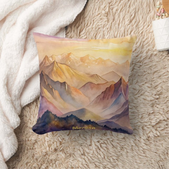 Personalized Watercolor Mountain Sunset Throw Pillow (Blanket)