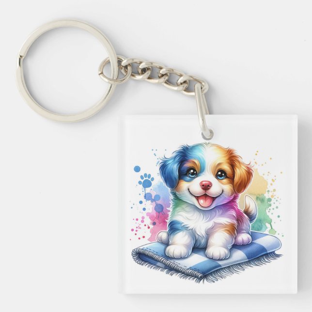 Personalized Watercolor Mutt Puppy Dog Keychain (Front)