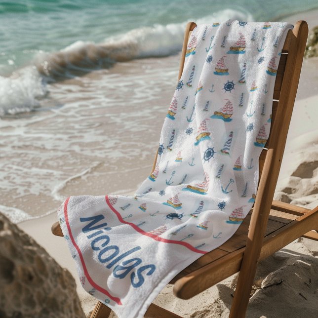 Personalized Watercolor Nautical Theme Beach Towel (Creator Uploaded)