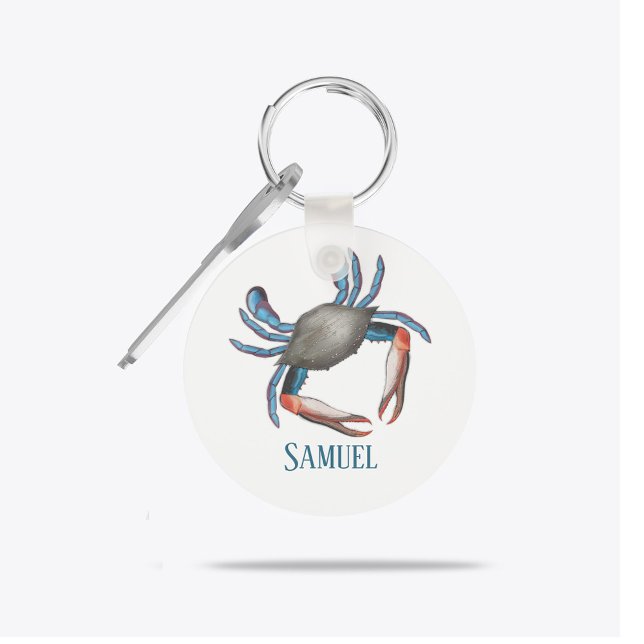 Personalized Watercolor Ocean Blue Crab Coastal Keychain (Personalized watercolor ocean blue crab keychain with coastal style.)