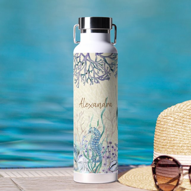 Personalized Watercolor Ocean Sea Life Beach Water Bottle (Creator Uploaded)