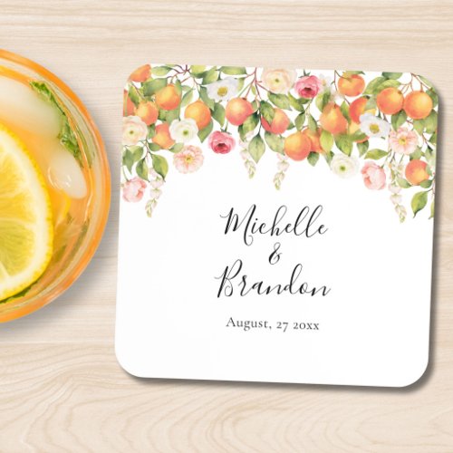 Personalized Watercolor Orange Elegant Wedding Beverage Coaster
