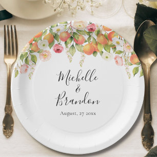 Personalized Watercolor Orange Elegant Wedding Paper Plates