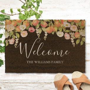 Personalized Watercolor Orange Floral Elegant Fiber Doormat