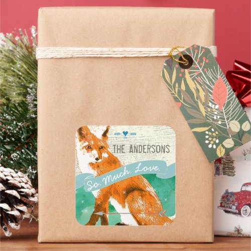 Personalized Watercolor Orange Fox Barn Wood Square Sticker