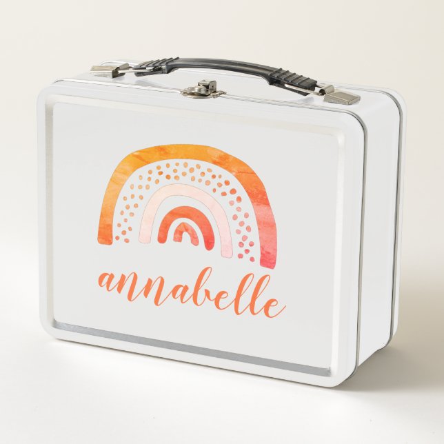 Personalized Watercolor Orange Rainbow Metal Lunch Box (Front)
