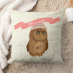 Personalized Watercolor Owl Apricot Banner Throw Pillow