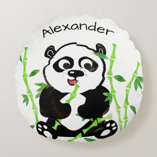 Personalized Watercolor Panda Bear Animal Kids Round Pillow