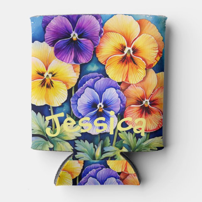 Personalized Watercolor Pansies can cooler (Front)
