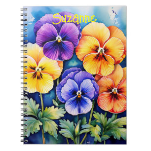 Personalized watercolor pansies notebook