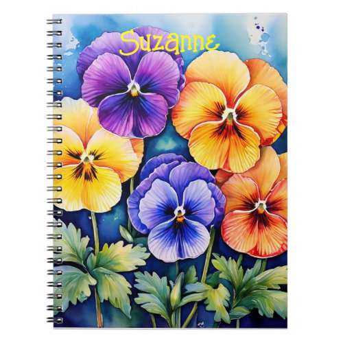 Personalized watercolor pansies notebook