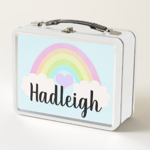 Personalized Watercolor Pastel Rainbow Gingham Metal Lunch Box