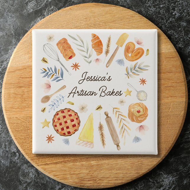 Personalized Watercolor Pastry Baking Bakery Button (Close up)