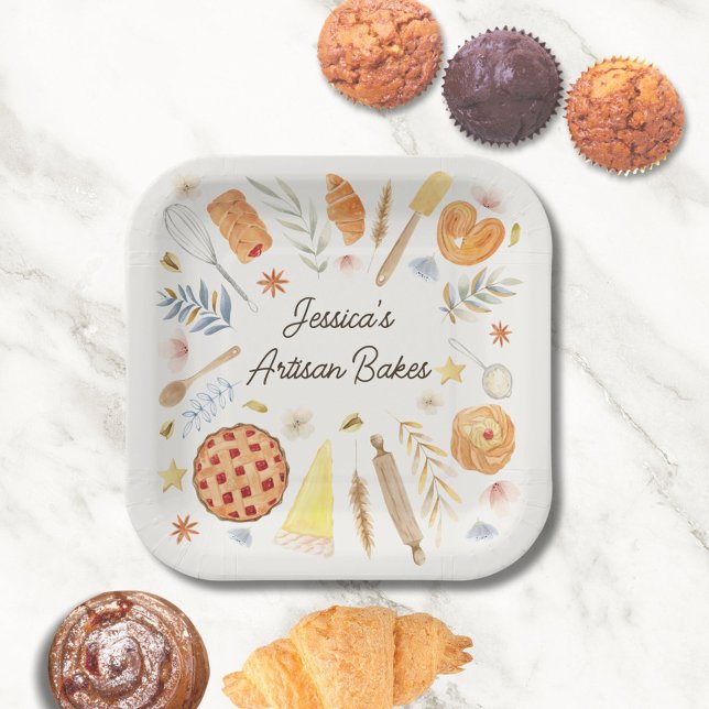 Personalized Watercolor Pastry Baking Bakery Paper Plates (In situ)