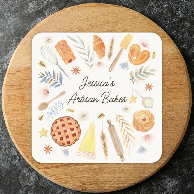 Personalized Watercolor Pastry Baking Bakery Square Sticker (Close up)