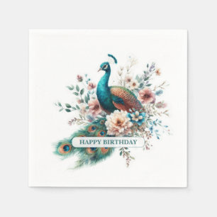 Personalized Watercolor Peacock Birthday Napkins