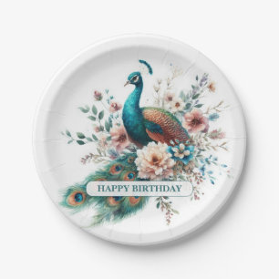 Personalized Watercolor Peacock Birthday Paper Plates