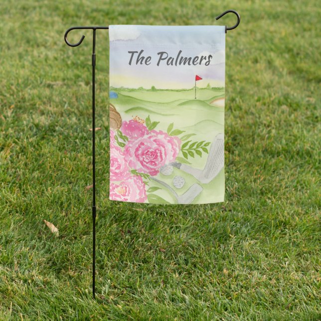 Personalized Watercolor Peonies On Golf Course  Garden Flag (In SItu)