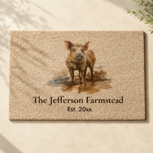 Personalized Watercolor Pig Rustic Farmhouse Style Fiber Doormat