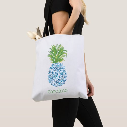 Personalized Watercolor Pineapple Chinoiserie Tote Bag