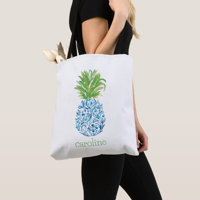 Personalized Watercolor Pineapple Chinoiserie Tote Bag (Close Up)