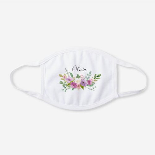 Personalized Watercolor Pink and Purple Flowers White Cotton Face Mask