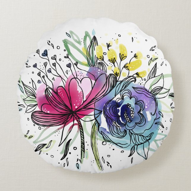 Personalized Watercolor Pink & Blue Flowers Design Round Pillow (Front)