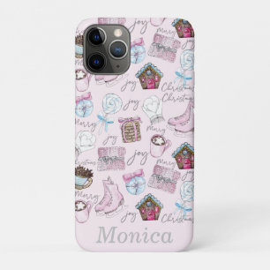 Personalized Watercolor Pink Christmas elements iPhone 11 Pro Case