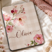 Personalized Watercolor Pink Floral beige gingham