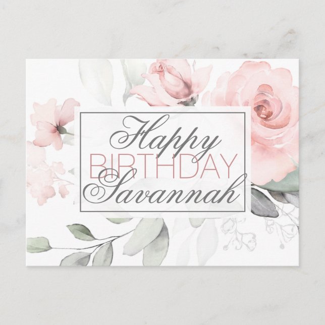 Personalized Watercolor Pink Floral Happy Birthday Postcard (Front)
