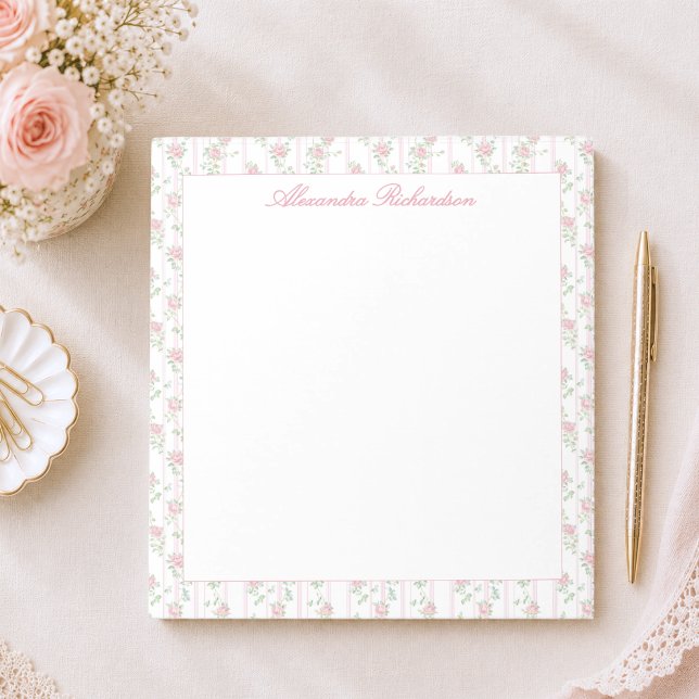 Personalized Watercolor Pink Floral Notepad (elegant grandmillennial pink floral coquette rose notepad with custom monogram in calligraphy script)