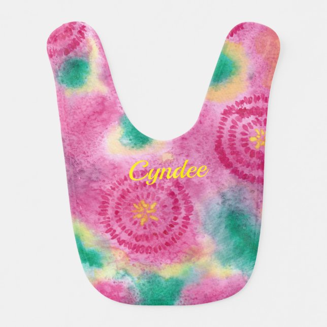 Personalized Watercolor Pink Green Yellow Baby Bib (Front)