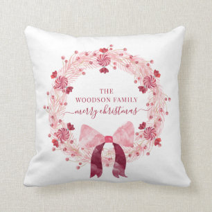 Personalized Watercolor Pink Red Wreath Throw Pillow