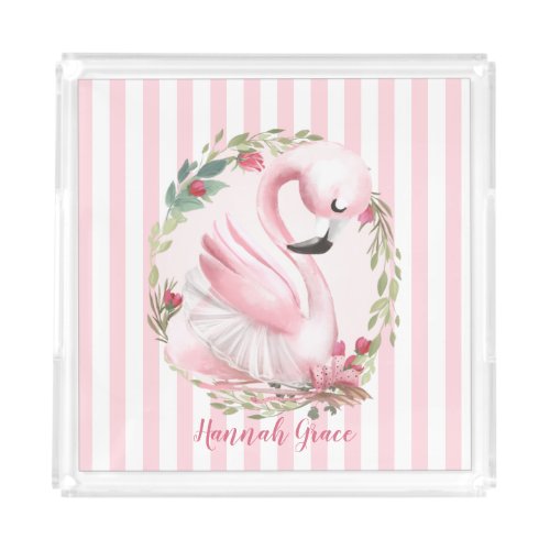 Personalized Watercolor Pink Swan Name Acrylic Tray