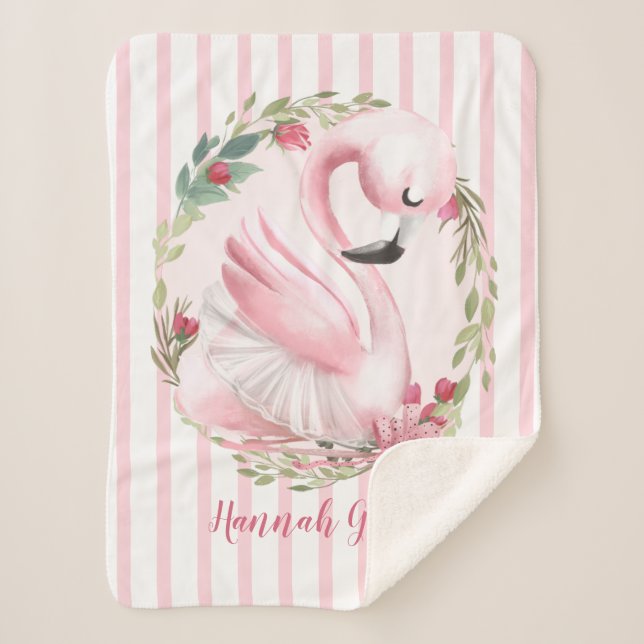Personalized Watercolor Pink Swan Name Baby Sherpa Blanket (Front)