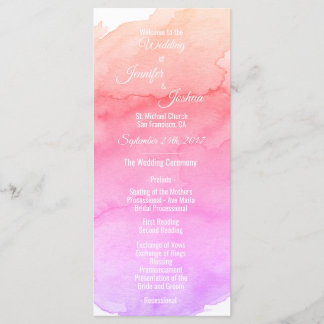 Personalized Watercolor Pink Wedding Programs (Front)