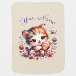 Personalized Watercolor Playing Kitten Name Baby Blanket