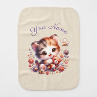Personalized Watercolor Playing Kitten Name Baby Burp Cloth